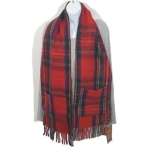 Patrick King Woollen Co. Merino Wool Scottish Red Plaid Tartan Pocket Scarf NWT